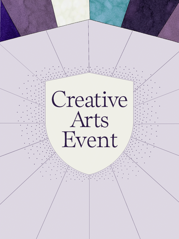Creative Arts Event text on a shield shape with purple lines around it.