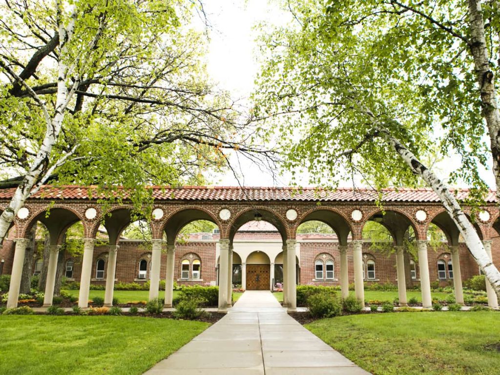 Front view through the arches of Riley Hall
