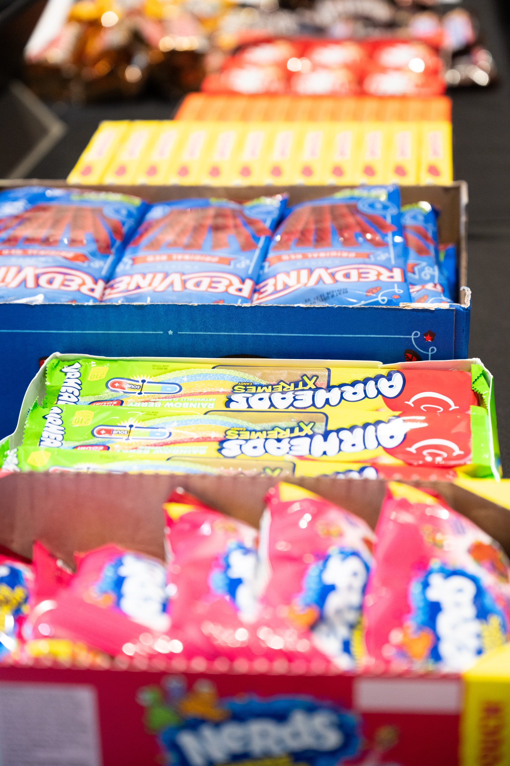 Nerds, Airheads, Red Vines, and various other candies.